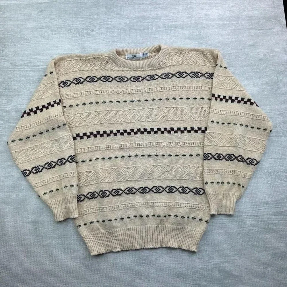 Vintage Tricot St. George Sweater Adult XL‎ White Chunky Knit Striped Geometric